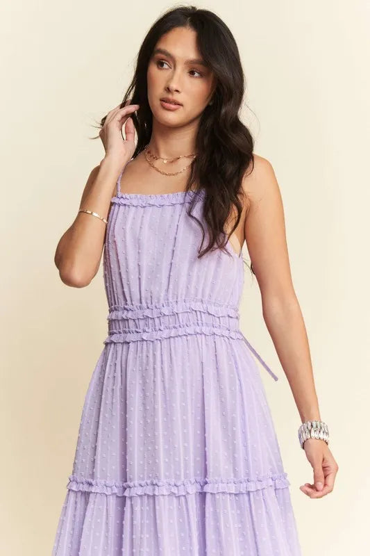 Davi & Dani Texture Swiss Dot Ruffle Square Neck Midi Dress