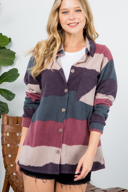 e Luna Fuzzy Striped Button Down Shacket