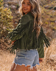 Western Faux Suede Fringe Cropped Jacket