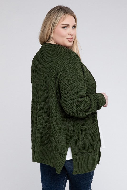 ZENANA Plus Low Gauge Waffle Open Cardigan Sweater