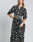 Umgee Bow Tie Print Notched Contrast Velvet Trim Midi Dress