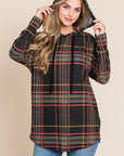 BOMBOM Drawstring Plaid Long Sleeve Hoodie