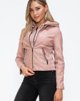 Snobbish Faux Leather Zip Up Drawstring Hooded Jacket