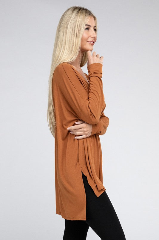 Zenana Dolman Long Sleeve V-Neck Side Slit Hi-Low Hem Top