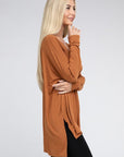 Zenana Dolman Long Sleeve V-Neck Side Slit Hi-Low Hem Top