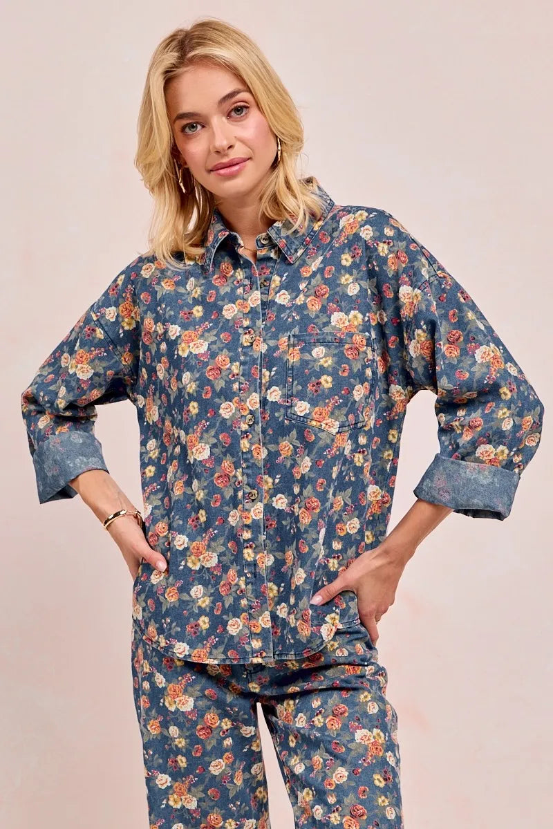 BiBi Washed Florla Print Denim Jacket