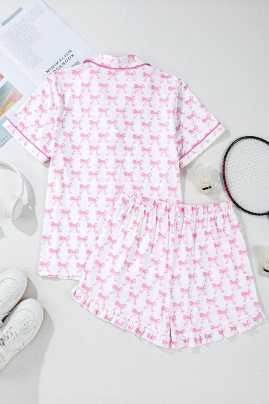 Bow Short Sleeve Top and Shorts Pajama Set