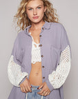 POL Openwork Lantern Sleeve Button Down Gauze Shirt