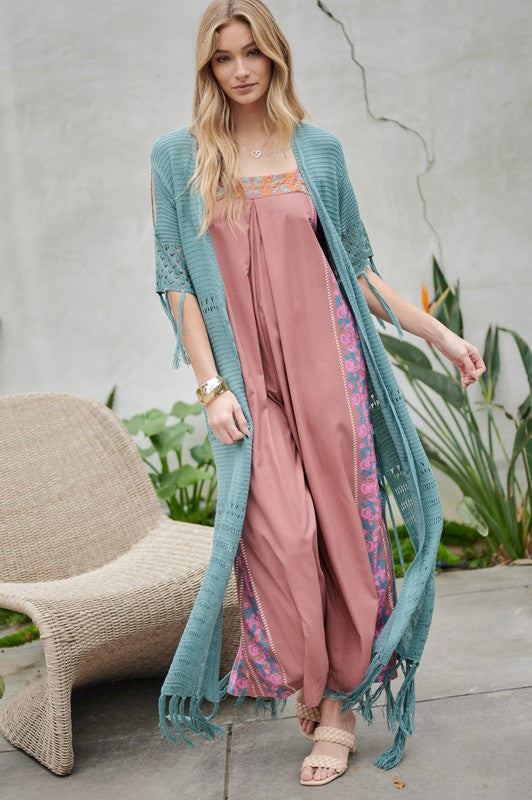 Davi &amp; Dani Solid Long Cardigan With Fringe