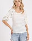 Mittoshop Mixed Media Textured Knit Popcorn Puff Sleeve Blouse