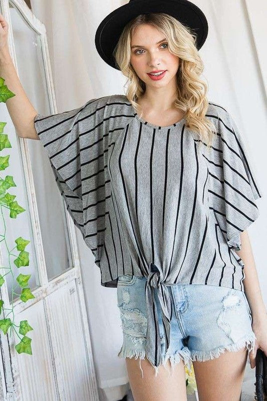 Jade By Jane PLUS Striped Print Tie Hem Sleeve Top