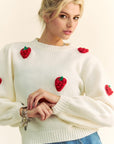 Davi & Dani Crochet Strawberry Round Neck Sweater