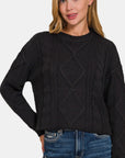 Zenana Cropped High Low Cable Sweater with Side Slits