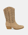 Beast Fashion Faux Suede Laser Cut Detail Block Heel Boots