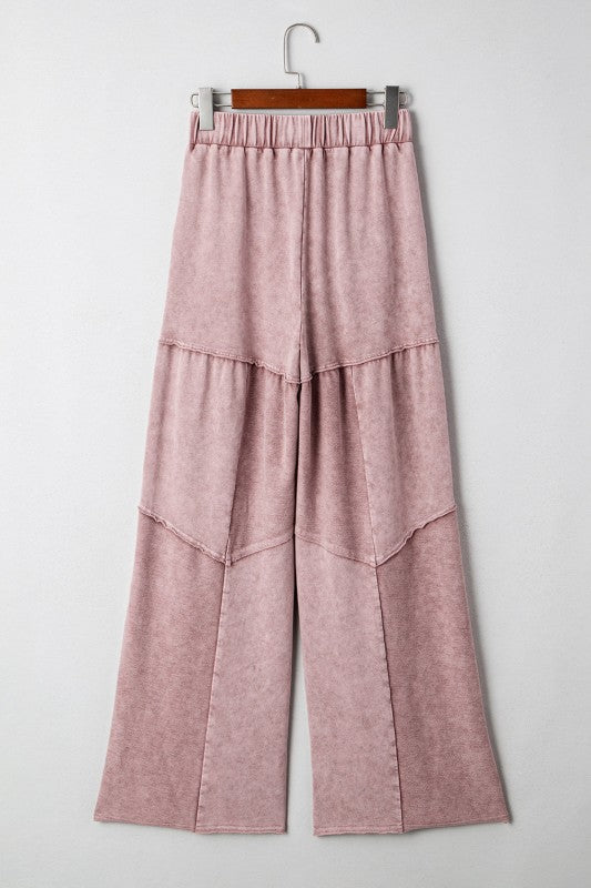 Mineral Wash Patchwork Tiered Wide Leg Pants