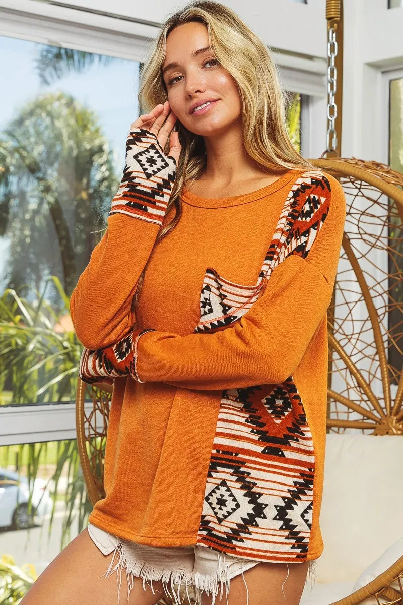 BiBi French Terry with Aztec Print Top