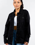 American Bazi Full Size Button Up Distressed Denim Jacket