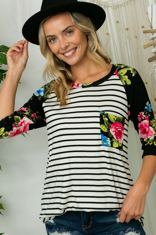 e Luna PLUS Striped Floral Print Top