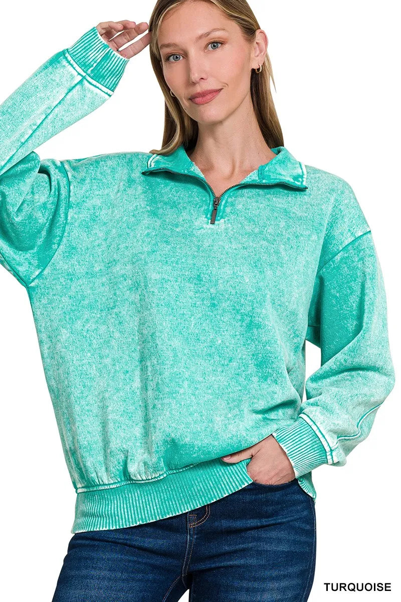 Zenana Acid Wash Fleece Quarter Zip Sweatshirt in Turquoise