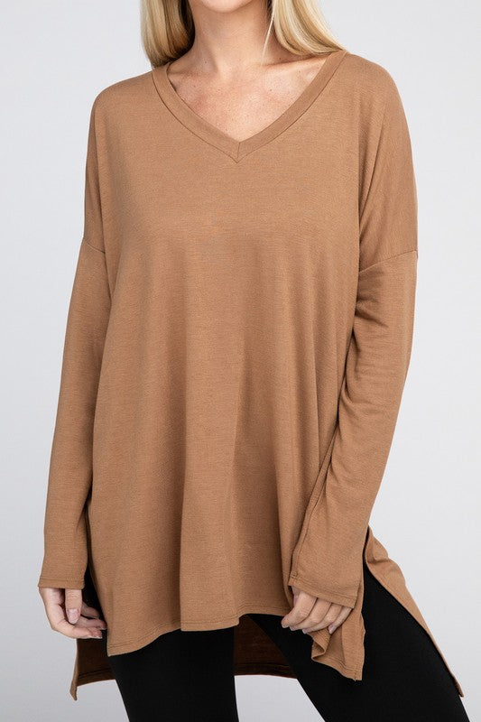 Zenana Dolman Long Sleeve V-Neck Side Slit Hi-Low Hem Top