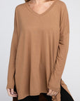 Zenana Dolman Long Sleeve V-Neck Side Slit Hi-Low Hem Top