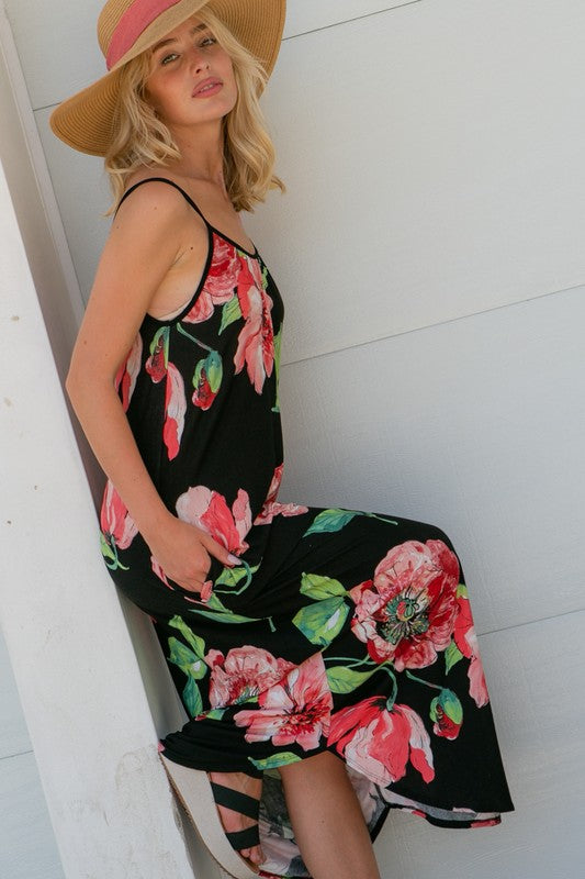 e Luna Floral Halter Pocket Maxi Dress