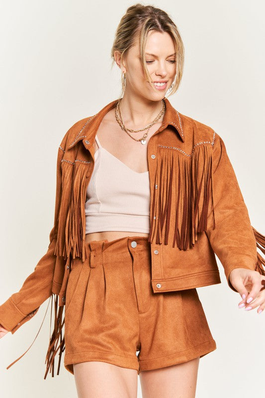 Jade By Jane Faux Suede Studded Fringe Jacket PLUS