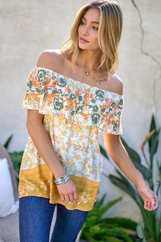 Davi &amp; Dani Printed Off Shoulder Smocked Top