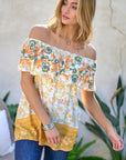 Davi & Dani Printed Off Shoulder Smocked Top