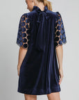 Umgee Dotted Lace Half Sleeve Mock Neck Back Tie Velvet Dress