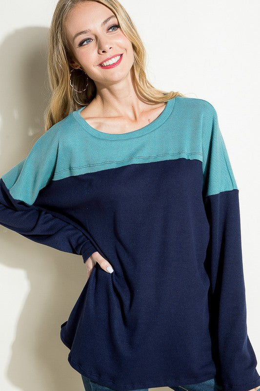 e Luna Solid Waffle Colorblock Casual Top