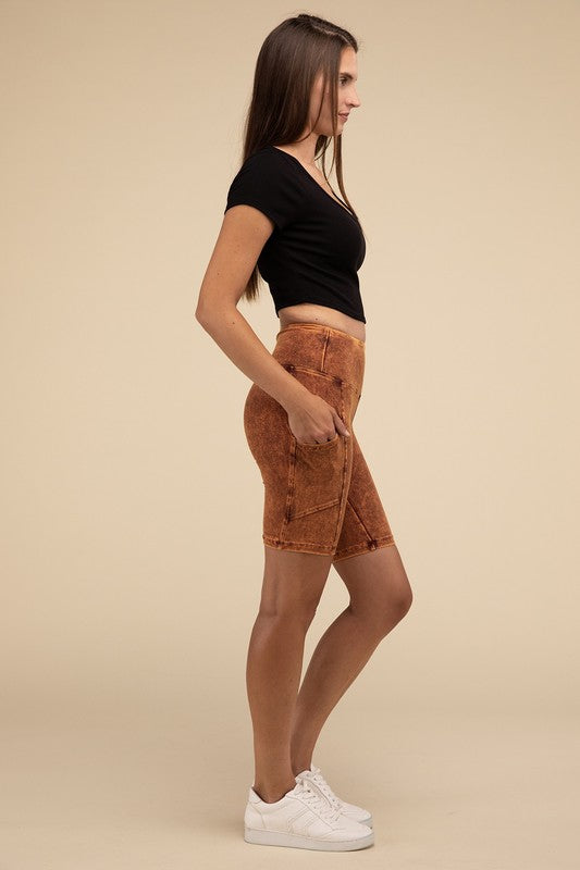 ZENANA Mineral Wash Wide Waistband Pocket Leggings
