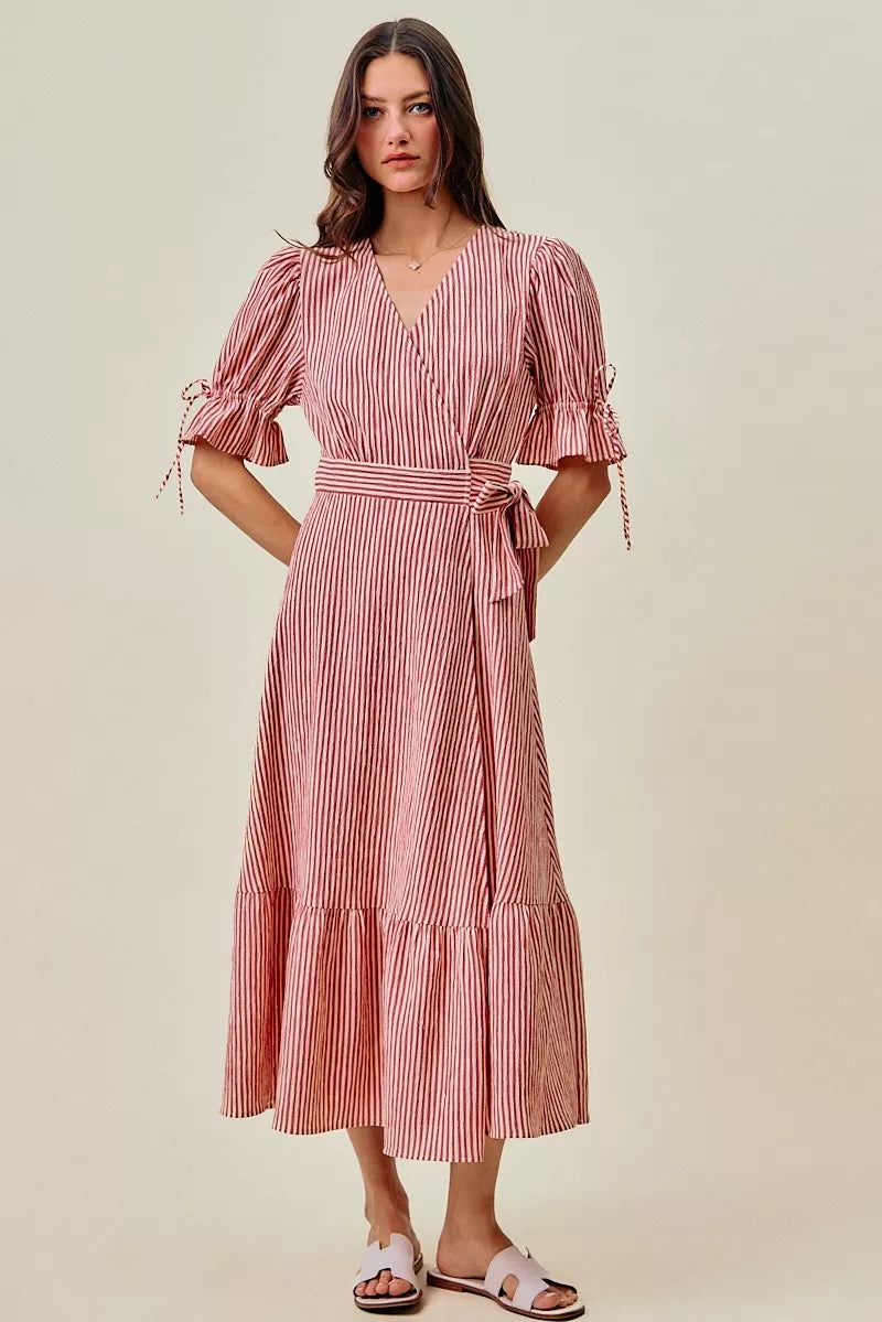SO ME Stripe Textured Short Sleeves Lined Wrap Midi Dress