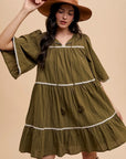 Annie Wear Tassel Contrast Trim Tie Neck Half Sleeve Tiered Dress