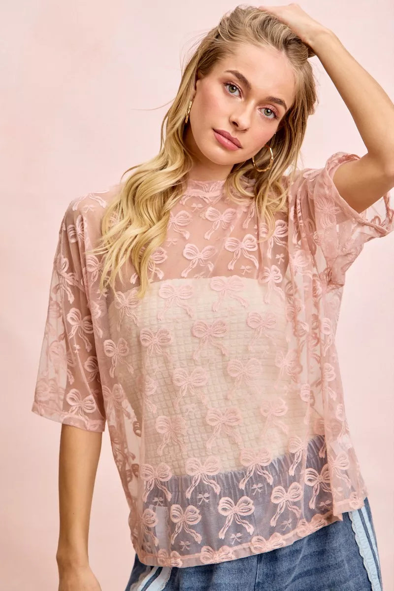 BiBi Bow Pattern Short Sleeves Boxy Mesh Top