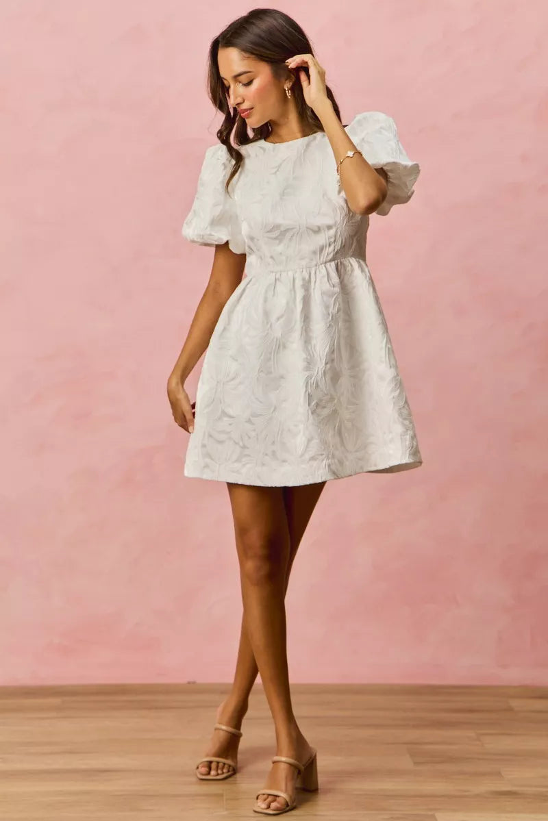 SO ME Floral Jacquard Bubble Shorts Sleeves Mini Dress