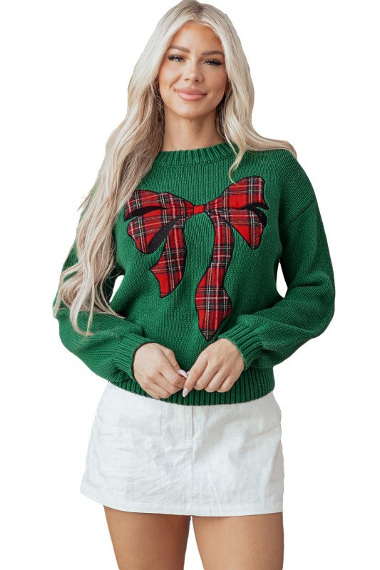 Plaid Bow Drop Shoulder Christmas Sweater