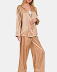 Zenana Satin Long Sleeve Shirt and Pants Pajama Set