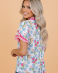 Floral Ruffle V-Neck Short Sleeve Tunic Shirt