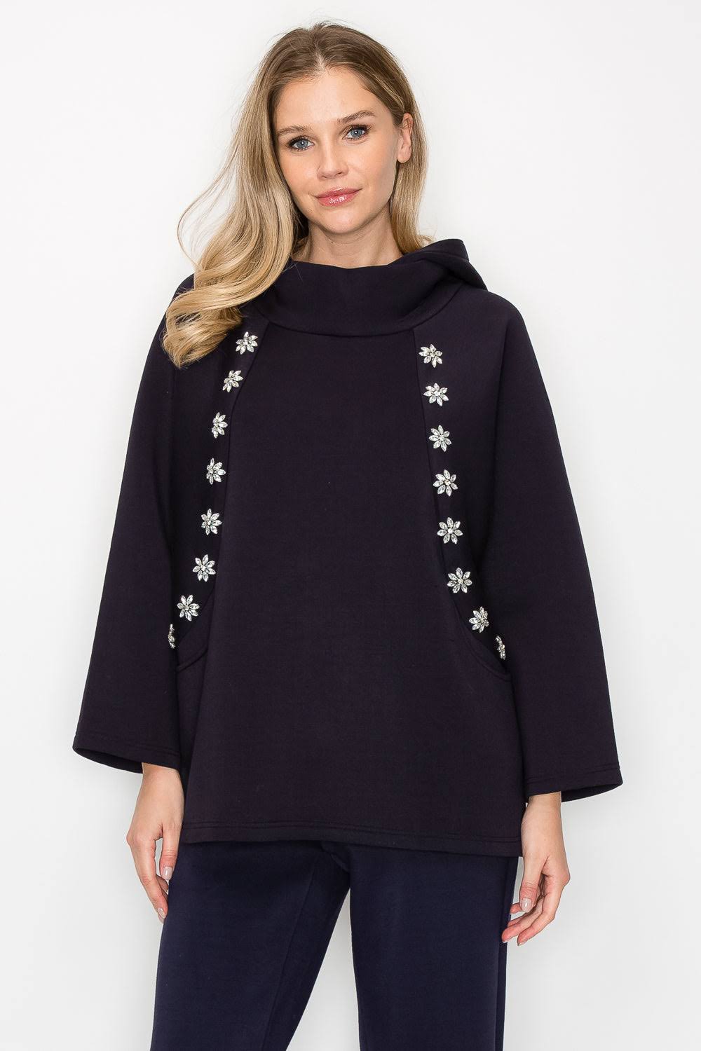 Frances Scuba Knit Hoodie Top with Diamond Studs
