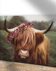 Retro Floral Crown Highland Cow Canvas Wall Art