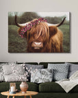 Retro Floral Crown Highland Cow Canvas Wall Art