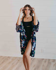 Navy Tropical Birds Tie Front Kimono