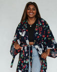 Navy Tropical Birds Tie Front Kimono