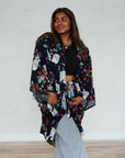 Navy Tropical Birds Tie Front Kimono