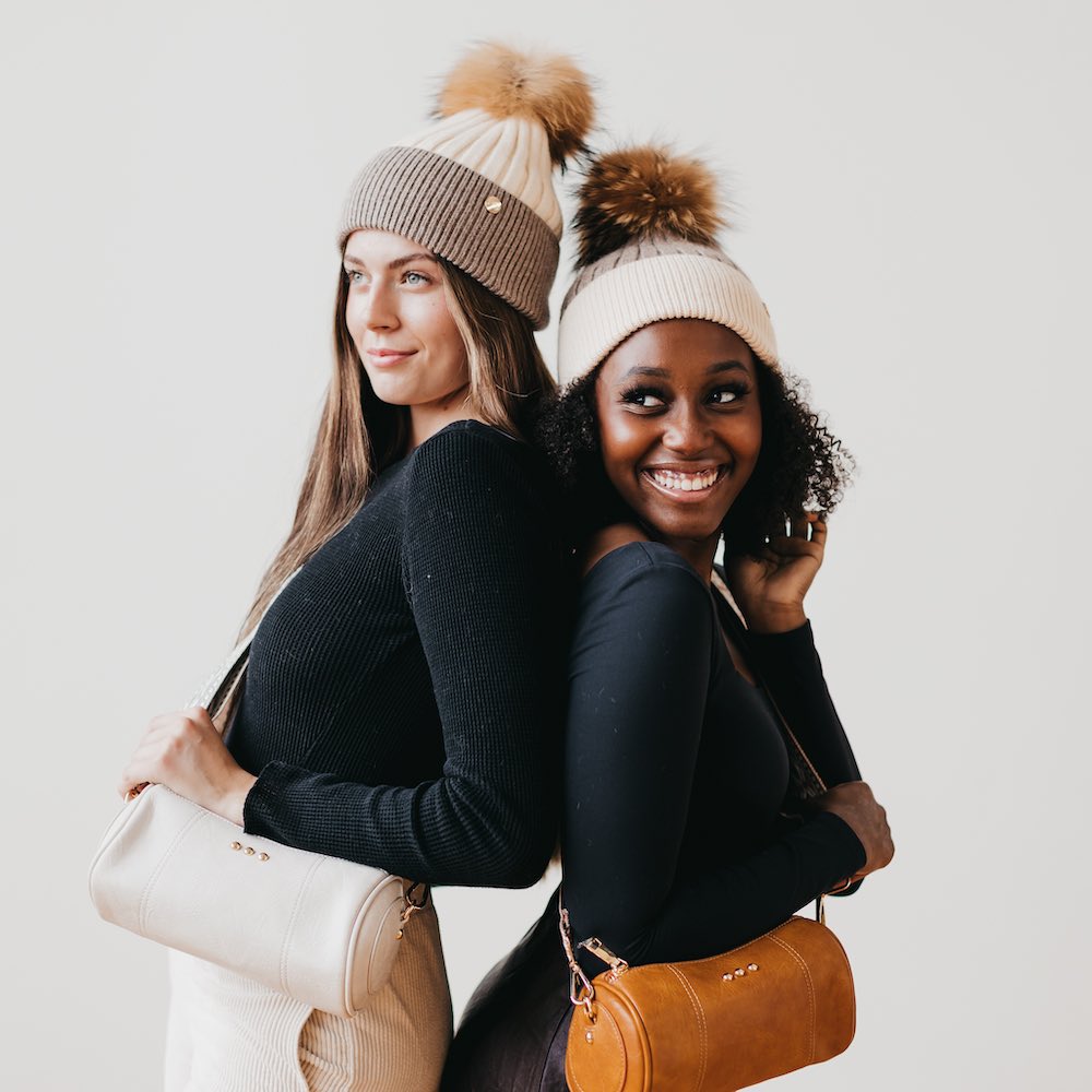 2 Tone Angora Knit Fur Pom Beanie