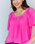 Ninexis Keep Me Close Square Neck Short Sleeve Blouse in Fuchsia - Online Only