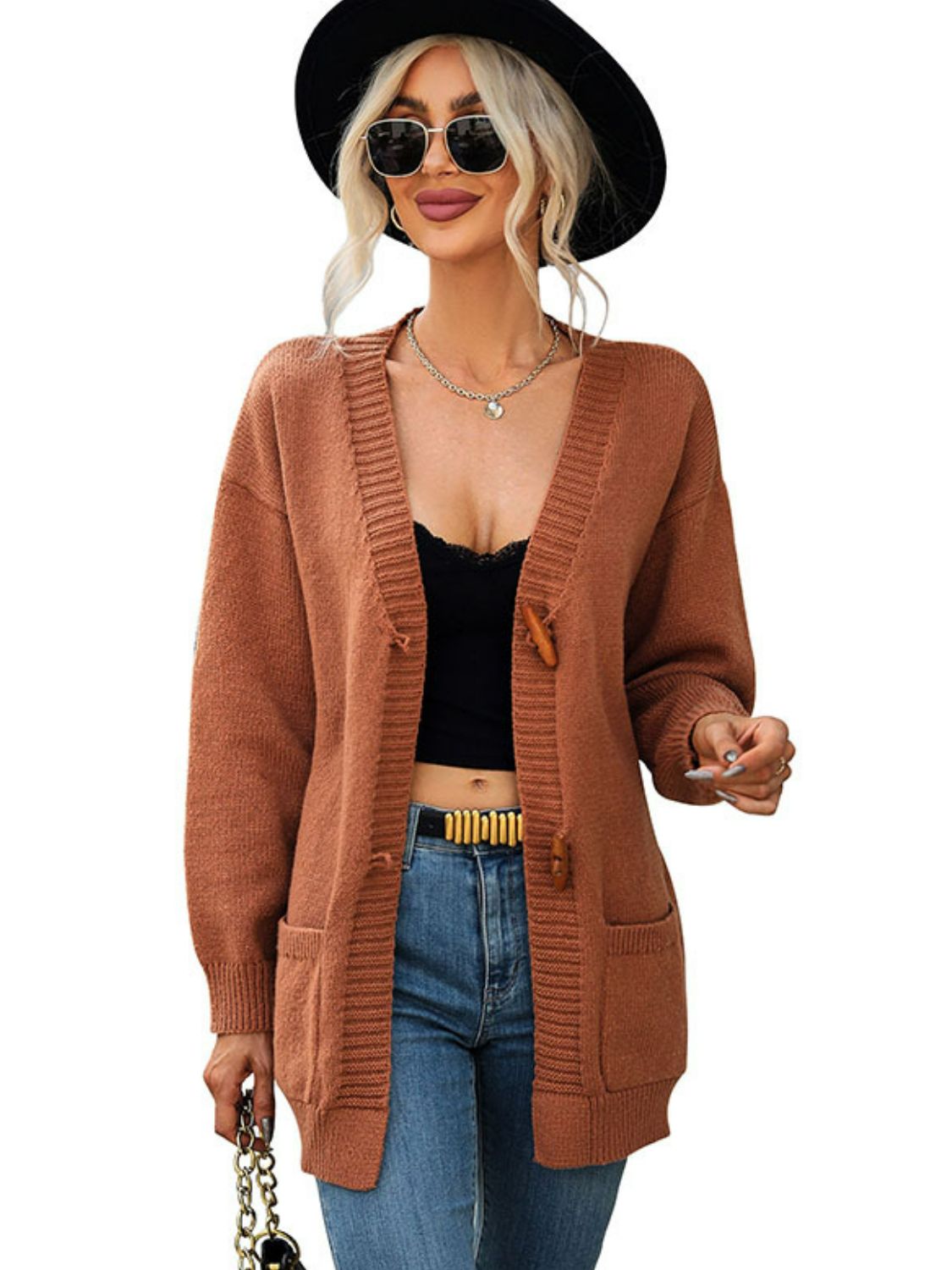 Toggle Closure Ribbed Trim Dropped Shoulder Cardigan - Online Only
