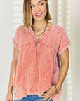 Zenana Washed Raw Hem Short Sleeve Blouse with Pockets