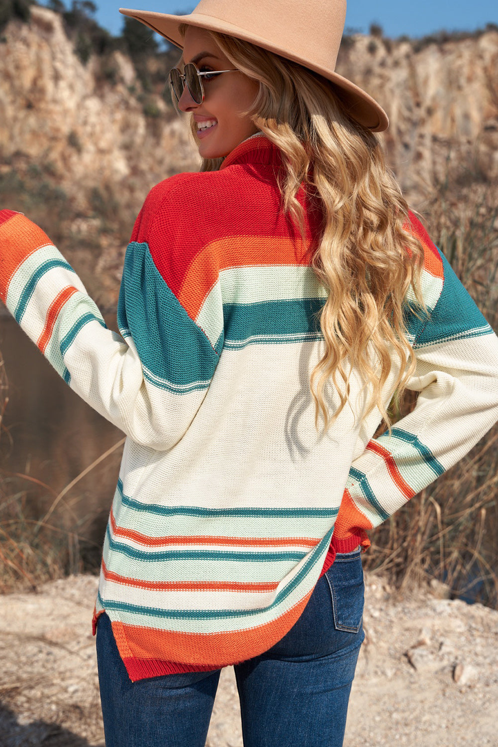 Striped Turtleneck Drop Shoulder Sweater - Online Only